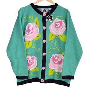 *VTG/NWT* STORYBOOK KNITS Pink Rose Cardigan, Vintage Teal Floral Knit Sweater